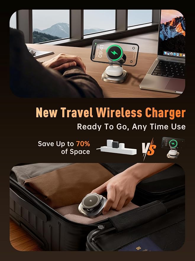 REWONDER Qi2.2 25W Magnetic 3-in-1 Wireless Charger, Foldable Aluminum Charging Stand for iPhone 17/16/15, Pixel, Apple Watch & AirPods, Strong Magnet Stable Base,Travel Charger (Adapter Not Included)