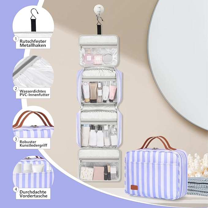 Bosidu Hanging Travel Toiletry Bag,Large Capacity Cosmetic Travel Toiletry Organizer for Women with 4 Compartments & 1 Sturdy Hook,Perfect for Travel/Daily Use/Christmas