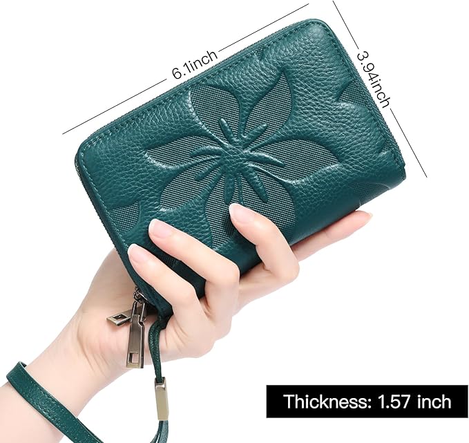 GOIACII Women's Wallet Double Zip Around Credit Card Holder Ladies Wallet Rfid Blocking Wristlet Purse Medium Size Leather Teal
