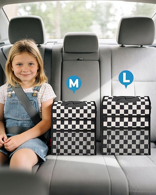 Corduroy Car Trash Can with Lid and Mesh Pockets - Leakproof Organizer,Multipurpose Waterproof Garbage Can/Trash Bin for Car(Black and White Check-3 Gallons)