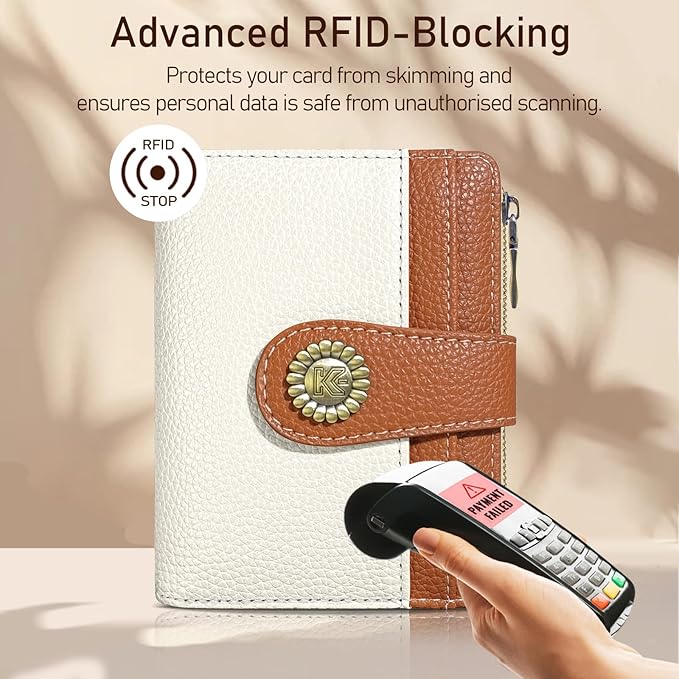 Kelvoris Small Rfid Women Wallet Bifold Zipper Coin Pocket PU Leather Compact Cash Credit Card Holder Travel Wallet for Female Ladies Teen Girls 1 ID Window 10 Card Slots White and Brown