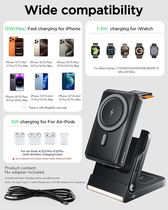 Magnetic Power Bank with MagSafe, 10000mAh Portable Battery Pack for iPhone 17, 5 in 1 Foldable Charging Station with iWatch Charger for i Phone 17/16/15/14&AirPods, Wireless Travel Gift for Men&Women