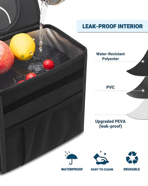 Capolo Car Trash Can with Lid, Leakproof Car Trash Bag Hanging Waterproof Automotive Garbage Can with Storage Pockets Mini Vehicle Trash Bin for Back/Front Seat(Black,4 Gallon)