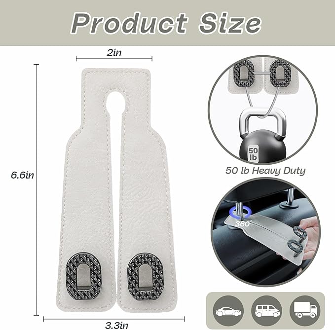 Car Headrest Hooks Universal Car Purse Hook Premium Leather and Alloy Twin Hook Car Seat Back Storage Hanger Hook for Purse Bags Cloth Drink Durable Holder Car Accessories (BH09-White-Black)