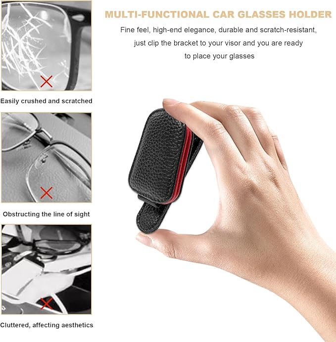 2 PCS Sunglasses Holders for Car Visor, Magnetic Leather Eyeglasses Hanger Mounter Ticket Card Clip, Auto Sun Visor Glasses Holder Business Card Organizer for Men Women (Black & Red)