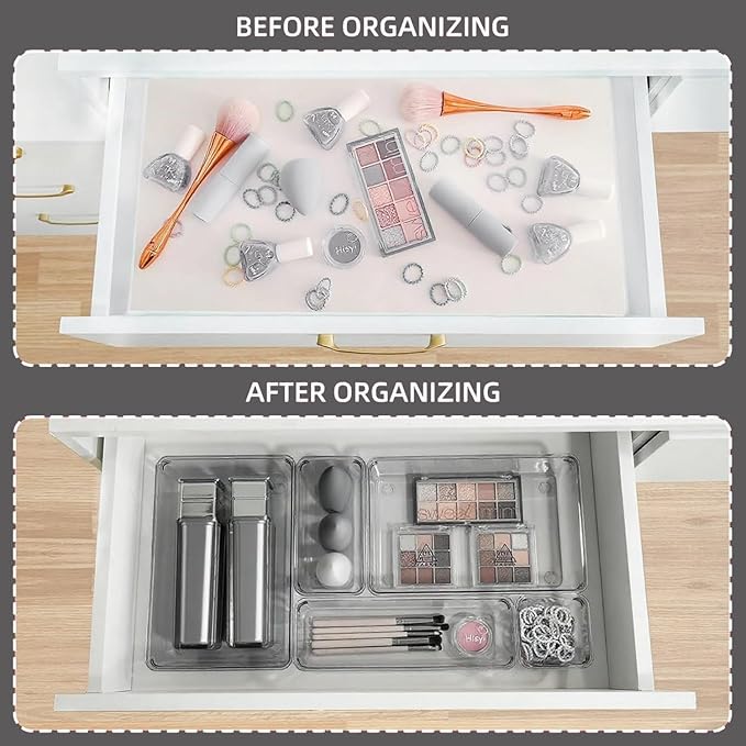 Kitchen Desk Drawer Organizers Storage for Office, Small Acrylic Vanity Trays Makeup Organizer for Drawer Bathroom Plastic Make up Organizers 25 Pcs Clear Black