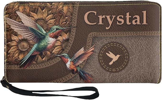 Bulopur Custom Name Wallet for Women Hummingbird Zip Around Wristlet Purses PU Leather Waterproof Minimalist Wallet Long Handbags Coin Cash Holder for Travel Shopping Work
