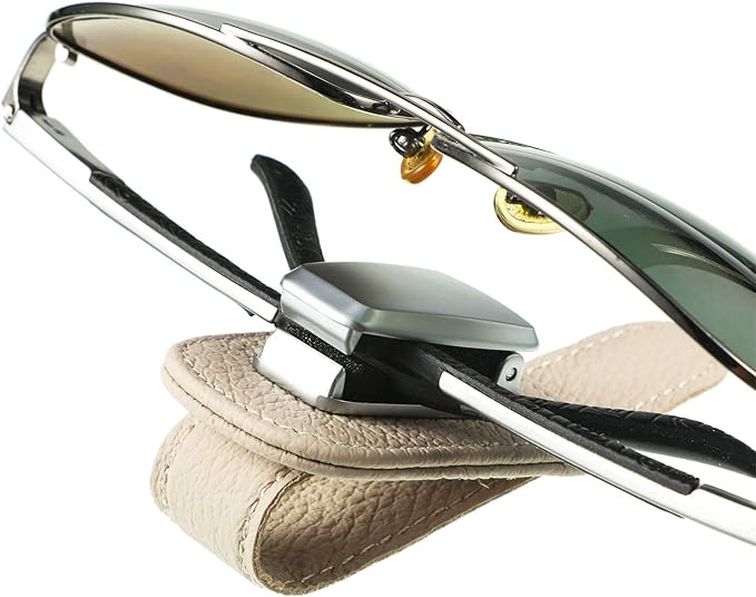 Mudder 2 Packs Sunglasses Holder for Car Universal Visor Sunglasses Holder Clip Leather Eyeglasses Hanger and Ticket Card Clip Eyeglasses Mount for Car(Beige)