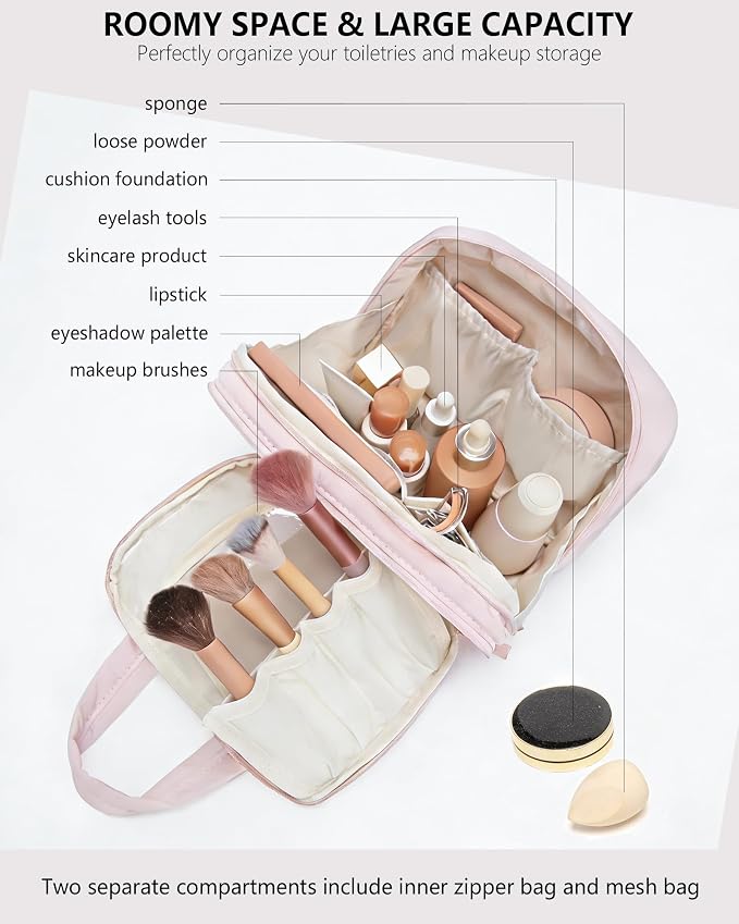 Small Makeup Bag, Travel Cosmetic bag, Toiletry Bag For Women, Make up Bag With Brush Storage, Hanging Toiletry Bag, Puffy Padded Makeup Organizer Case, Wide-open Travel Essentials (Pink)