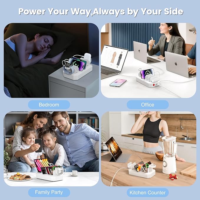 [2026 Upgrade] 190W Fast Charging Station for Multiple Devices【Certified Safer Charging】 6 Port USB Charger Station - Multi-Device Charging Dock with Phone/MacBook/iPad/Tablet (8 Mix Cables Included)