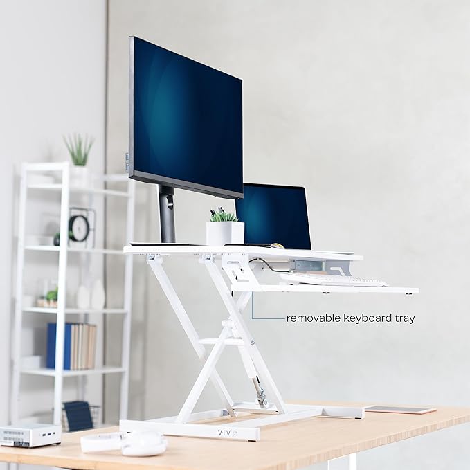 VIVO Desk Converter 32 inch Height Adjustable, MDF Wood Sit to Stand Riser, White, DESK-V000SW