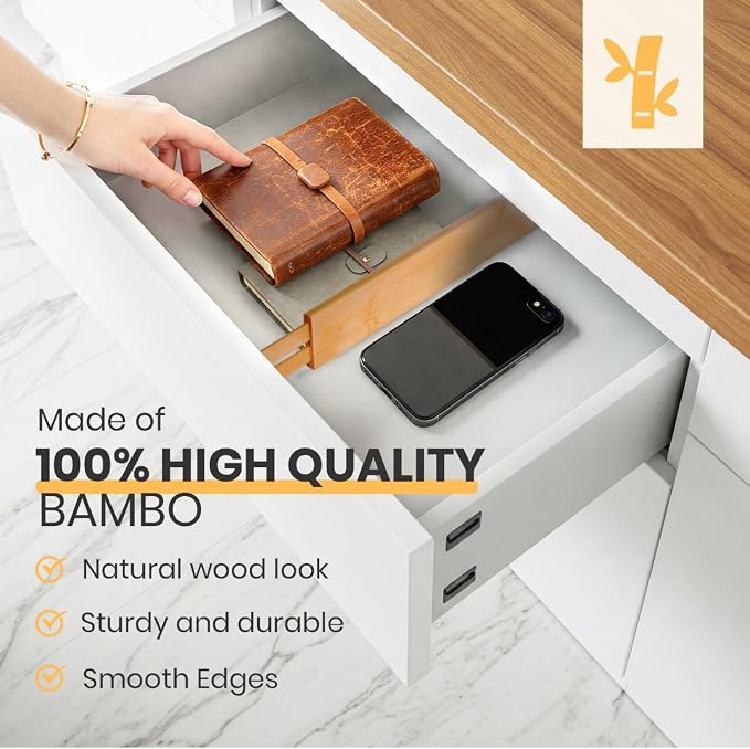 Adjustable Bamboo Drawer Dividers, Drawer Organizer for Kitchen, Bedroom, Bathroom, Office Desk, Dresser Nursery & Silverware, Natural Wooden Separators with Soft Foam Ends, Expandable