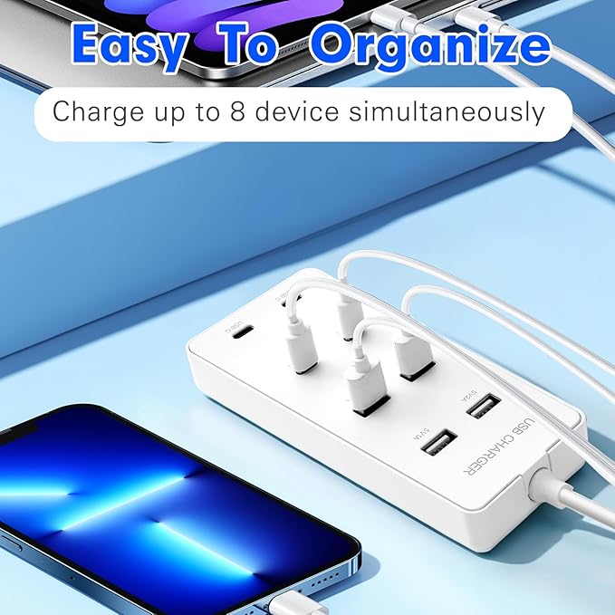 USB Wall Charger USB C Charging Station for Multiple Devices 8-Ports Charging Hub Strip Smart Charger Block Compatible with iPhone, Galaxy, iPad Tablet, and Other Devices