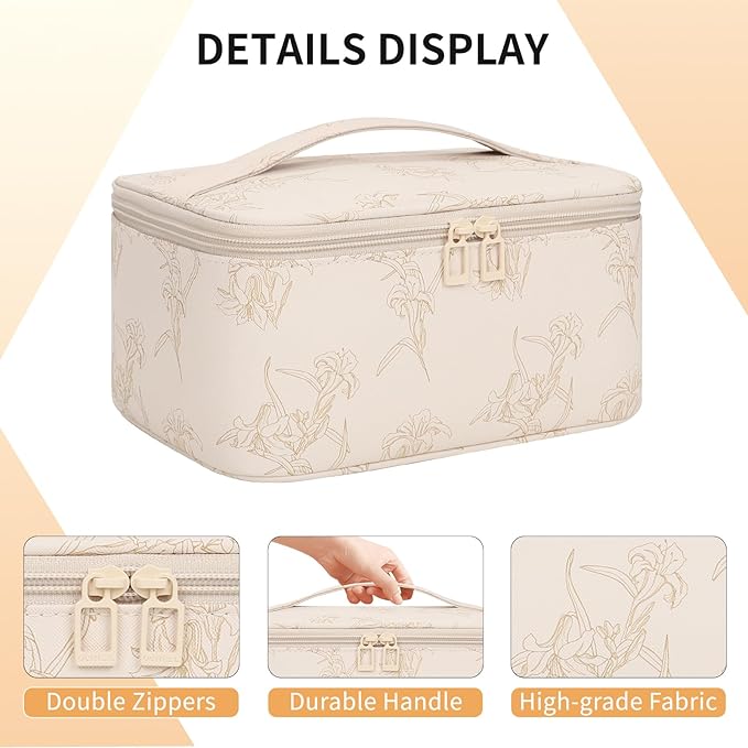 OCHEAL Makeup Bag for Women - Travel Cosmetic Organizer with Brush Slot & Divider, Large Capacity Toiletry Bag for Girls, Travel Makeup Case for everyday Make up Accessories -Beige floral