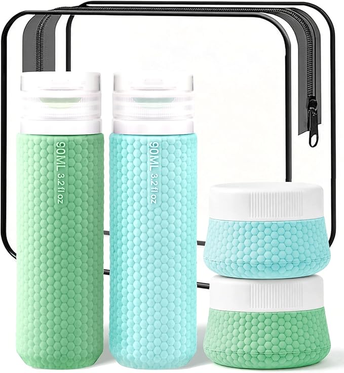 Travel Bottles for Toiletries 90ml with Cosmetic Jar 40ml Luxury Leather Pattern, Anti-Slip Silicone Premium Refillable Bottle Set with Facial Brush for Gym Men Women