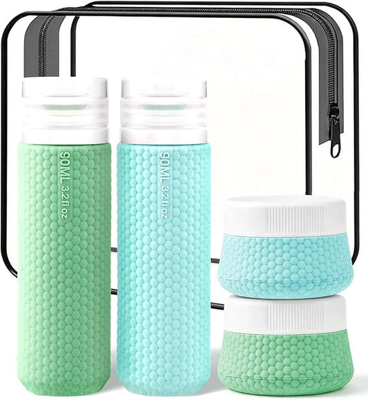 Travel Bottles for Toiletries 90ml with Cosmetic Jar 40ml Luxury Leather Pattern, Anti-Slip Silicone Premium Refillable Bottle Set with Facial Brush for Gym Men Women