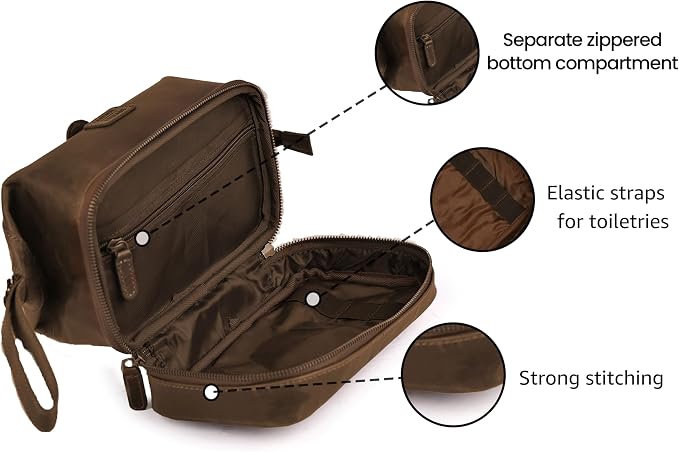 LEATHER VILLAGE Genuine Leather Dopp Kit – Large Travel Toiletry Bag with Waterproof Lining, Dual-Zip Design for Men & Women, Organizer for Shaving, Makeup & Essentials - Brown