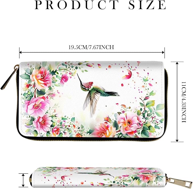 RFID-Blocking Zip Around Wallets for Women with Detachable Wrist Strap,Large Capacity Phone Holder with Card Organizer & Coin Pocket,Hummingbird Pink Flower