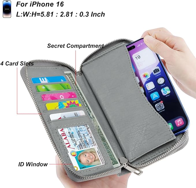 Cellphone Wallet for Women Dual Zipper Long Purse with Removable Wristlet