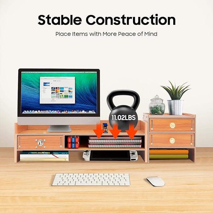 Monitor Stand Riser 25.8" Bamboo Desk Organizer with Drawer and Mobile Phone Holder, Natural Bamboo Shelf for Computer, Laptop, Office Accessories, Multi-Purpose for Home Office