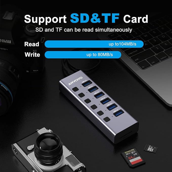Powered USB Hub with TF/SD Card Reader, 8-Port USB 3.0 Hub with 6 USB 3.0 Data Ports, USB Spilter with Individual On/Off Switches，Aluminum USB Hub with AC Adapter for PC, Desktop, MacBook