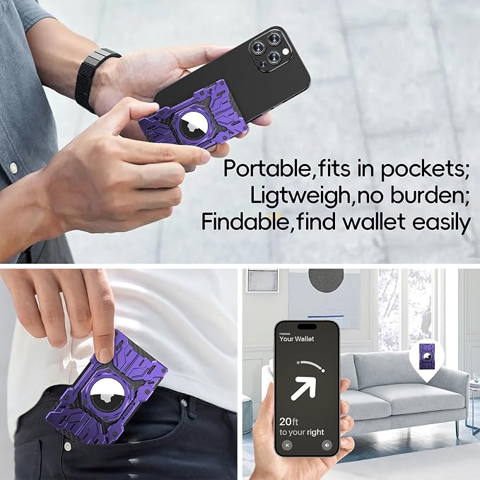 Minimalist Mens Wallet RFID Blocking - Slim Metal Wallet With Airtag Holder - Compact Credit Card Holder Mini Size, Metal, Carbon Fiber (Purple)
