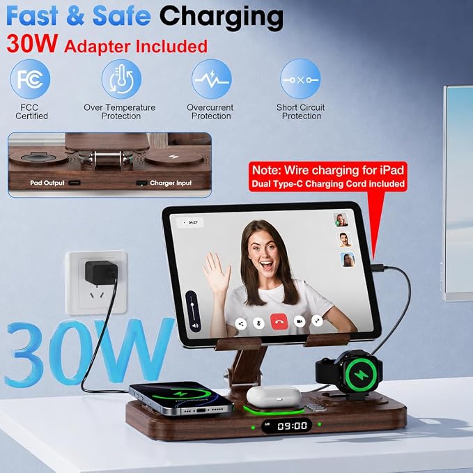 6 in 1 Wireless Charger for Apple Multiple Devices, Charging Station with Clock &7 Color Ambient Light, Foldable Rotate Stand for iPad, for iPhone17/16/15, Support for Apple Watch11/10 For AirPods4