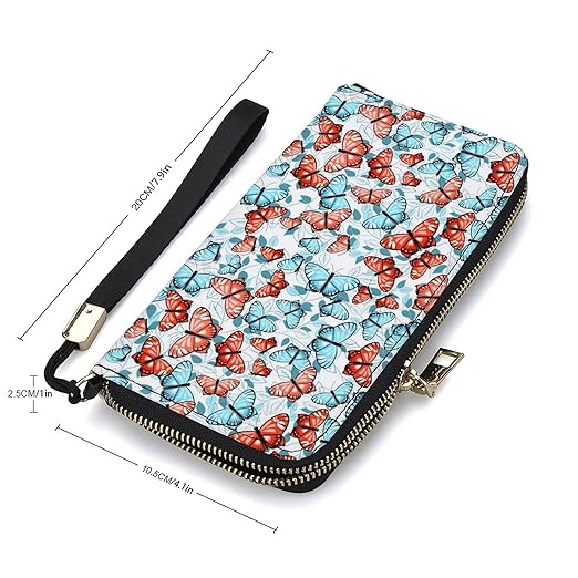 Clutch Wallet Holder for Women Men Beautiful Red Blue Butterfly And Leaves Portable Accordion Zipper Credit Card Storage Bag Waterproof Purse Leather Wallet for Travel Work Shopping