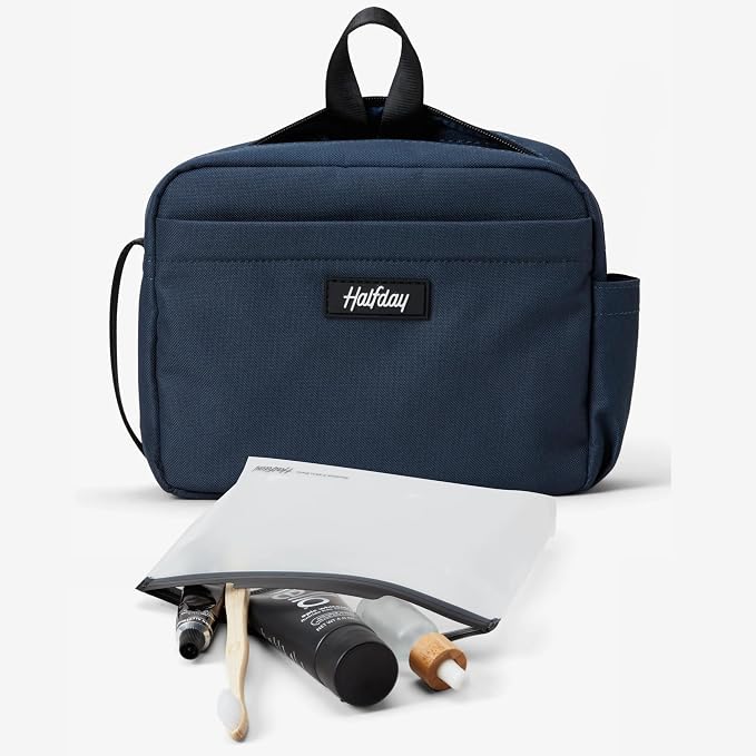 Halfday Sidecar Toiletry Bag: Travel Organizer for Men & Women with Waterproof Pouch, Mesh Pockets, Toothbrush Holder, Hanging Loop (Lightweight, Durable, Water-Resistant), Marine