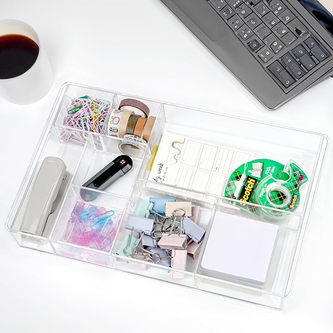 ZEXALOR 8-Section Clear Drawer Organizer, Large Acrylic Drawer Divider Tray for Desk,Bathroom,Office Makeup,Junk, Plastic Drawers Organizer 13.7" x 8.7" x 2" (8-Section)