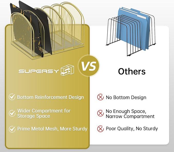 SUPEASY File Organizer for Desk, 5-Section Mesh Desk Organizer, Vertical File Holder Desktop Organizer File Sorter, File Folder Holder for Office Supplies, Gold