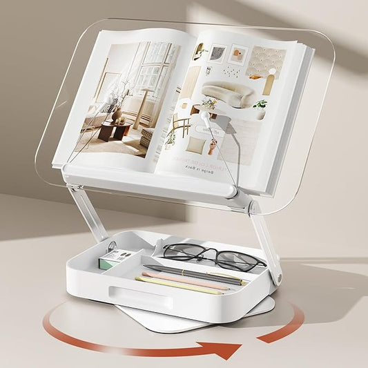 Acrylic Book Stand with Storage, Adjustable Book Holder for Reading with 360° Rotating Bases, Foldable Desktop Riser Stand, Elastic Clips for Cookbook Recipe Magazines Tablets, Laptops (Clear)