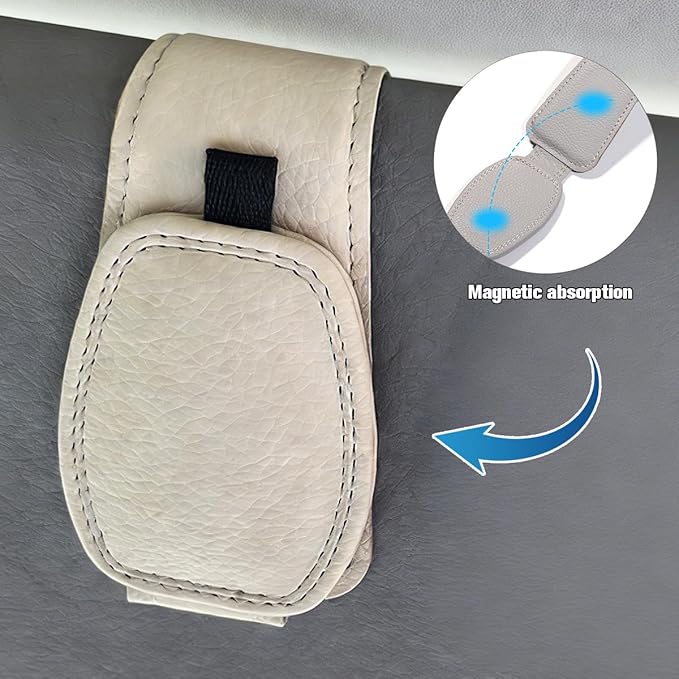 Sunglass Holder for Car Visor, Magnetic Leather Vehicle Sun Visor Storage Clip for Different Size Eyeglasses, Automotive Interior Glasses Ticket Card Clip, Universal for SUV RV Truck (Beige)