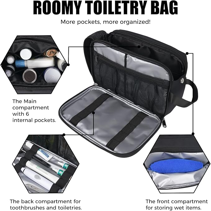 uarition Toiletry Bag for Men, Travel Toiletry Organizer Dopp Kit, Water-Resistant Mens Toiletry Travel Bag for Shaving & Accessories, Black