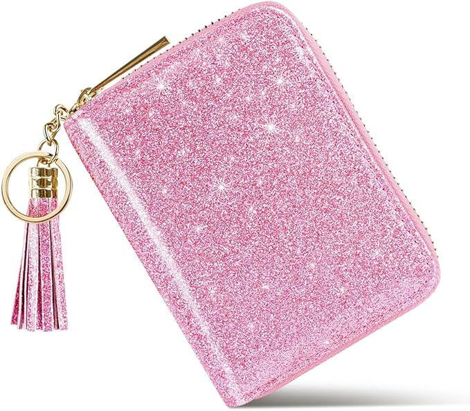 Coco Rossi Women's Small Credit Card Wallet RFID Cute Card Holder for Women with Tassel, Peach Glitter