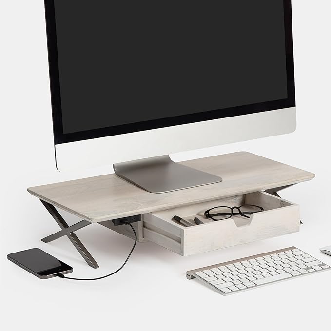 Anji Mountain Monitor Stand - Desktop Organizer & Laptop Riser, Ergonomic Monitor Riser, Space-Saving Monitor Stand for Desk, Durable Construction, Easy Assembly, Ideal for Home & Office,White Wash