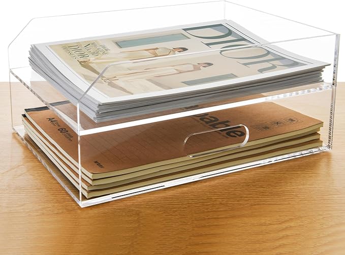 2 Tier Paper Organizer Letter Tray - Acrylic Tray Organizer for Desk, Paper Sorter Organizer for Letter/A4 Office File Folder Holder - Crystal-Clear File Organizer