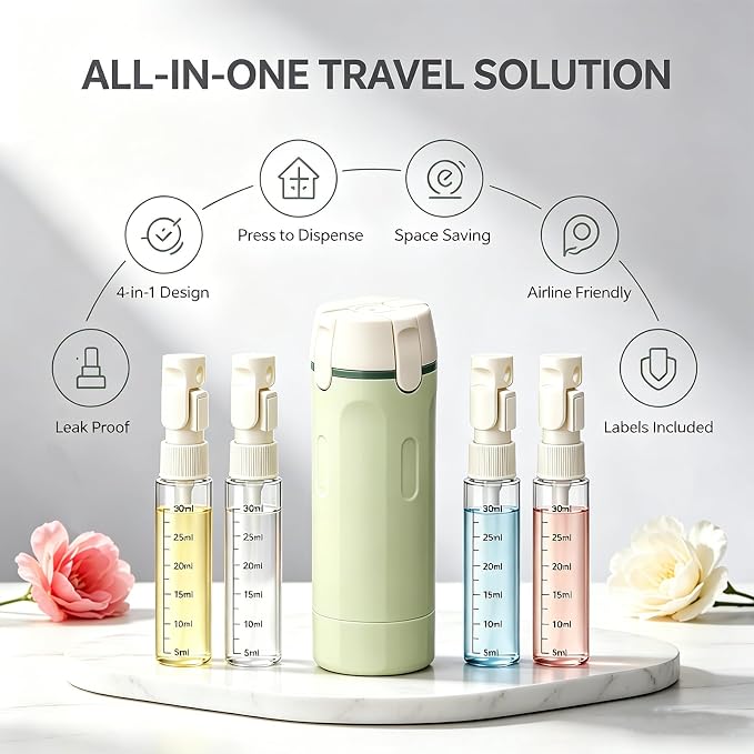 4 in 1 Travel Dispenser, Travel Bottles for Toiletries, No Squeeze Press Dispenser 30ML Leak Proof Travel Containers, Portable Refillable Shampoo Lotion Conditioner Bottles with Labels(2White)