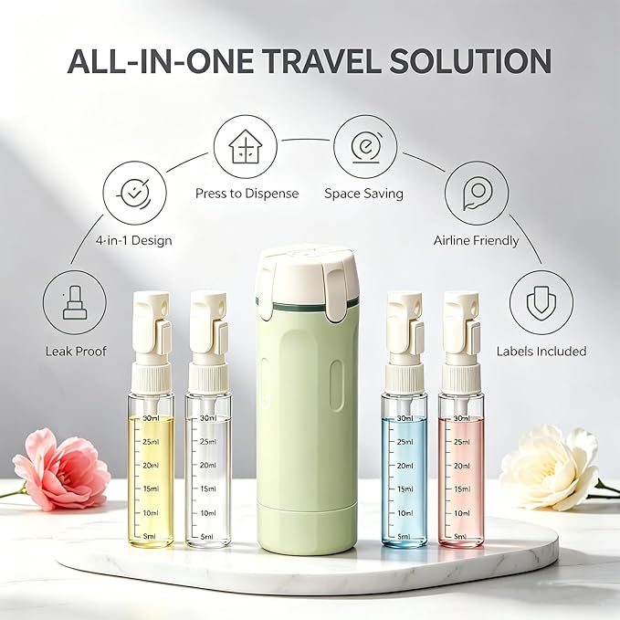 4 in 1 Travel Dispenser, Travel Bottles for Toiletries, No Squeeze Press Dispenser 30ML Leak Proof Travel Containers, Portable Refillable Shampoo Lotion Conditioner Bottles with Labels(2Green)