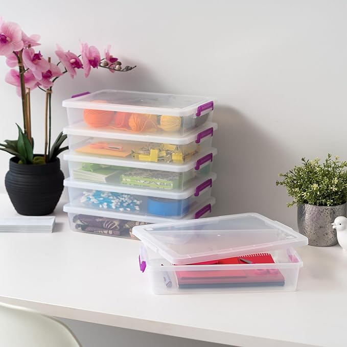 IRIS USA 6 Qt. Plastic Craft Storage Container Bins with Lids, 6 Pack, Small Art & Office Supply Organizer Tote, Sensory Bins & Boxes for Home & University, Stackable, Secure Latch Buckles, Clear