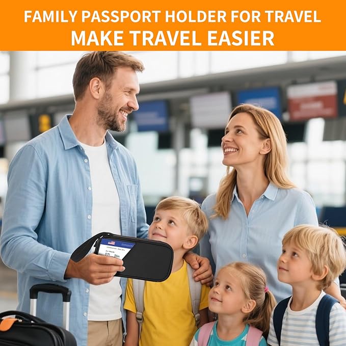 Family Passport Holder for 4,5, Large Rfid Blocking Passport Holder Wallet, Travel Document Organizer Waterproof with 9 Credit Cards Slots for Men & Women (Large, Black)