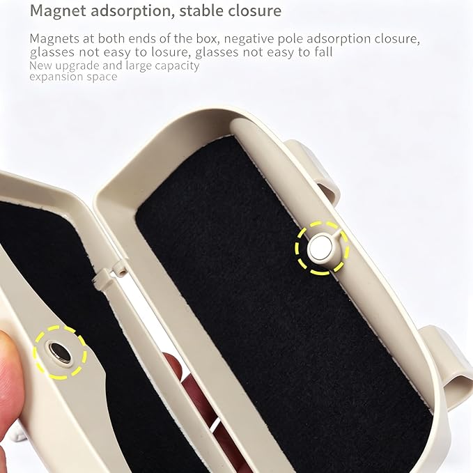 Car Sun Visor Glasses Holder, Magnetic Closure Sunglasses Storage Case with Visor Clip, Beige, One-Hand Access