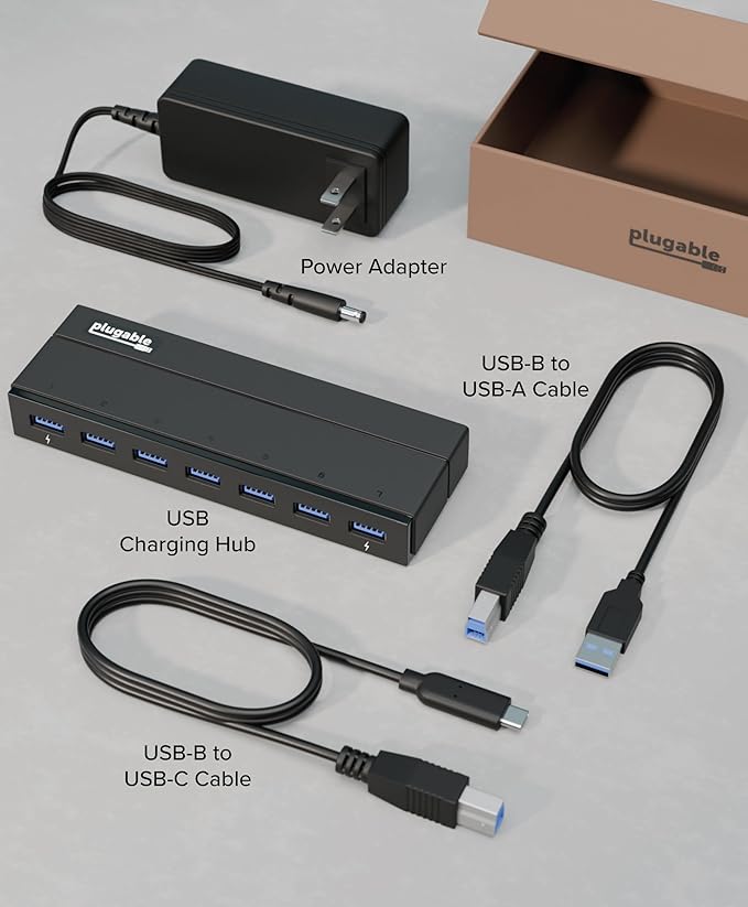 Plugable 7-Port USB 3.0 Hub with 36W Power Adapter - Driverless - Effortlessly Connect Devices and Transfer Data at High Speeds