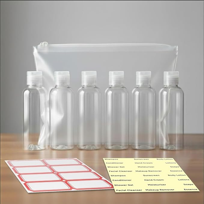 6 Pack Travel Bottles - Travel Containers for Toiletries - TSA Approved Size - Refillable Empty Plastic Bottles with 2 Labels & Carry Bag - For Shampoo, Lotion, Conditioner, Sanitizer - 3.4oz
