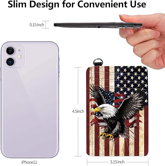 Slim RFID Blocking Card Holder Wallet with Wrist Strap - Minimalist Front Pocket Wallet, Flag Eagle Design, PU Leathe, for Men & Women, Ideal for Travel & Gifts