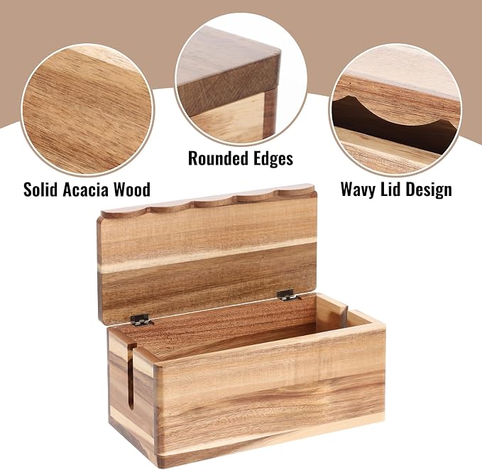 Large Cable Management Box Scalloped Edge, Acacia Wood Cable Organizer Box & Power Strip Box for Electrical Cord Management, Hide Desk Cord and Floor Cables, Wire Storage and Organization for Cords