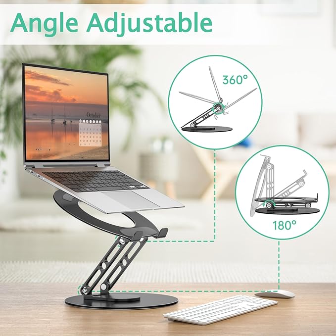 Laptop Stand for Desk Adjustable Computer Stand with 360 Rotating Base Ergonomic Laptop Riser Mount for Desk Foldable Protable Computer Desk Fits with MacBook Pro Air, Round Black