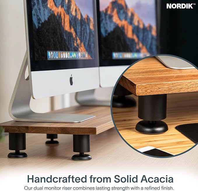 Nordik Large Dual Monitor Riser for 2 - 42.5 Inch Premium Handmade Hardwood Acacia Computer - Wood Shelf Desk Organizer Television - Laptop TV Stand with Storage Organizer for Desk Accessories (Brown)