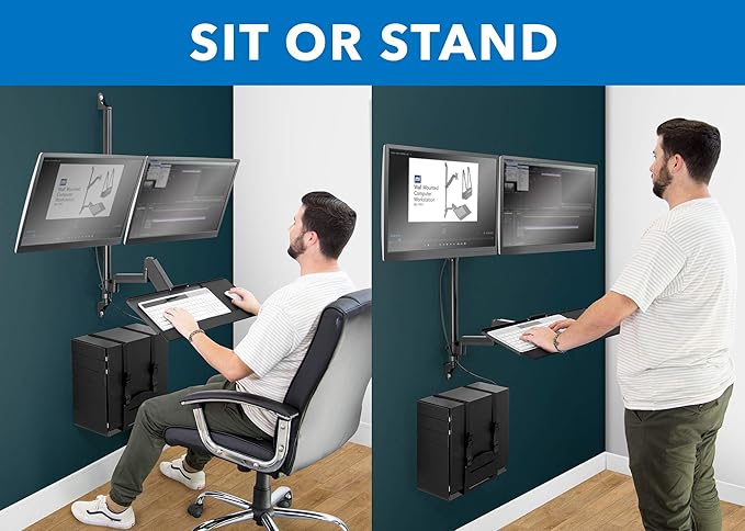 Mount-It! Dual Monitor Arm Wall Mount Workstation with Keyboard Tray & CPU Holder, Height Adjustable Gas Spring Full Motion Computer Station, Fits 17??2??VESA 75x75 100x100, Black