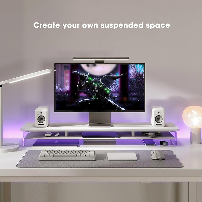 Fenge Acrylic Monitor Stand, 42.5 Inch Clear Dual Monitor Riser with Metal Storage, 2 Tier Computer Riser with LED Lights for Desk, Laptop, Printer, TV